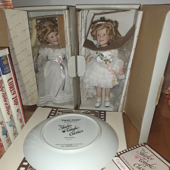 SHIRLET TEMPLE Collectors Pieces in Boxes 2 porcelain Dolls-Plate-VHS - Picture 5 of 10